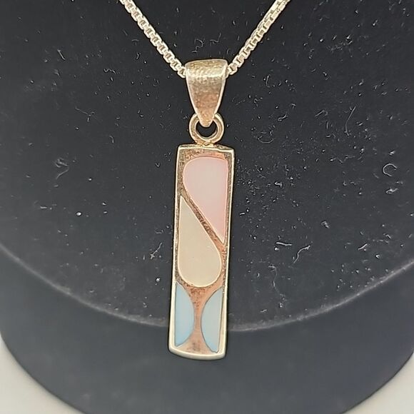 Necklace and Earrings 925 Mother of Pearl Blue Pink White 925 Box Chain 19" - Picture 2 of 9